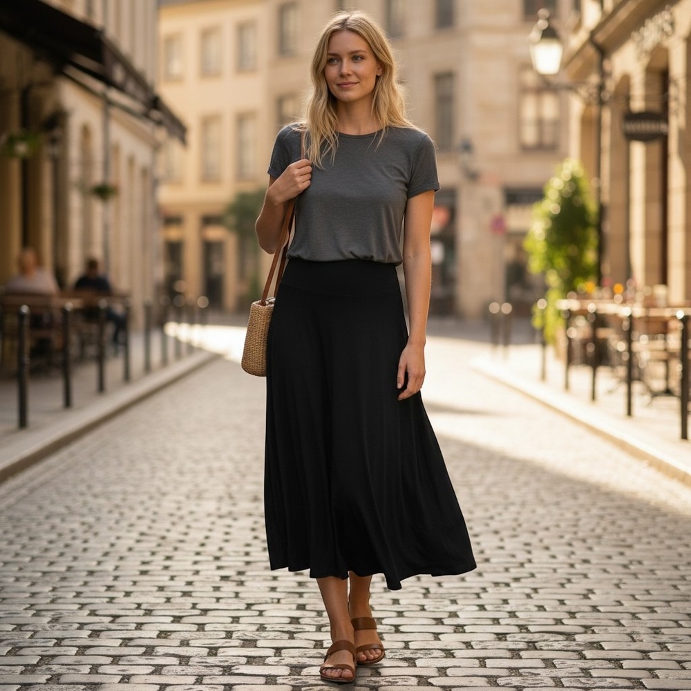 Eileen Fisher Maxi Skirt Womens S Black Jersey Knit Stretch S1323M Minimalist